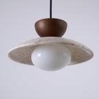 Travertine Dome Pendant Light with Wood Accent