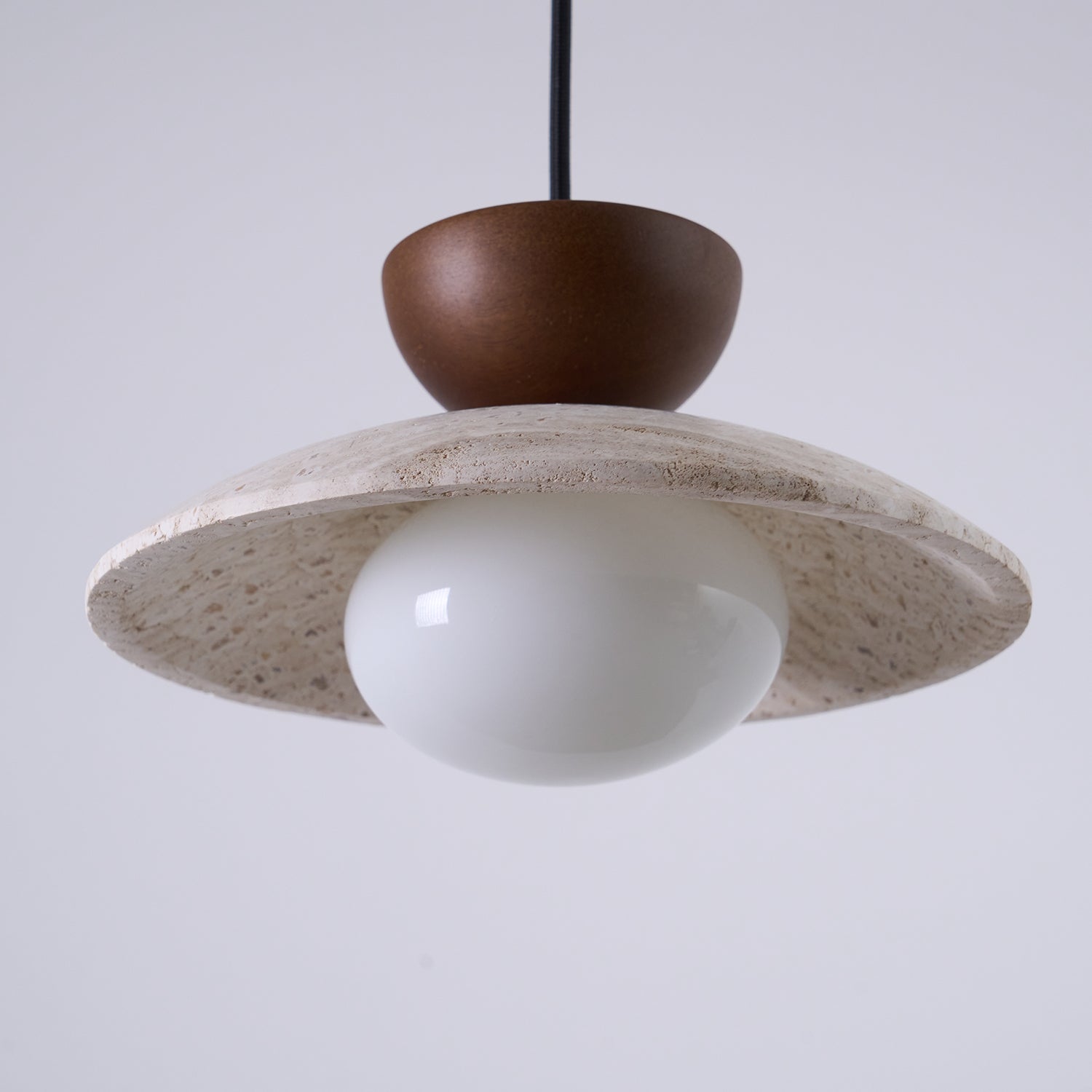 Travertine Dome Pendant Light with Wood Accent