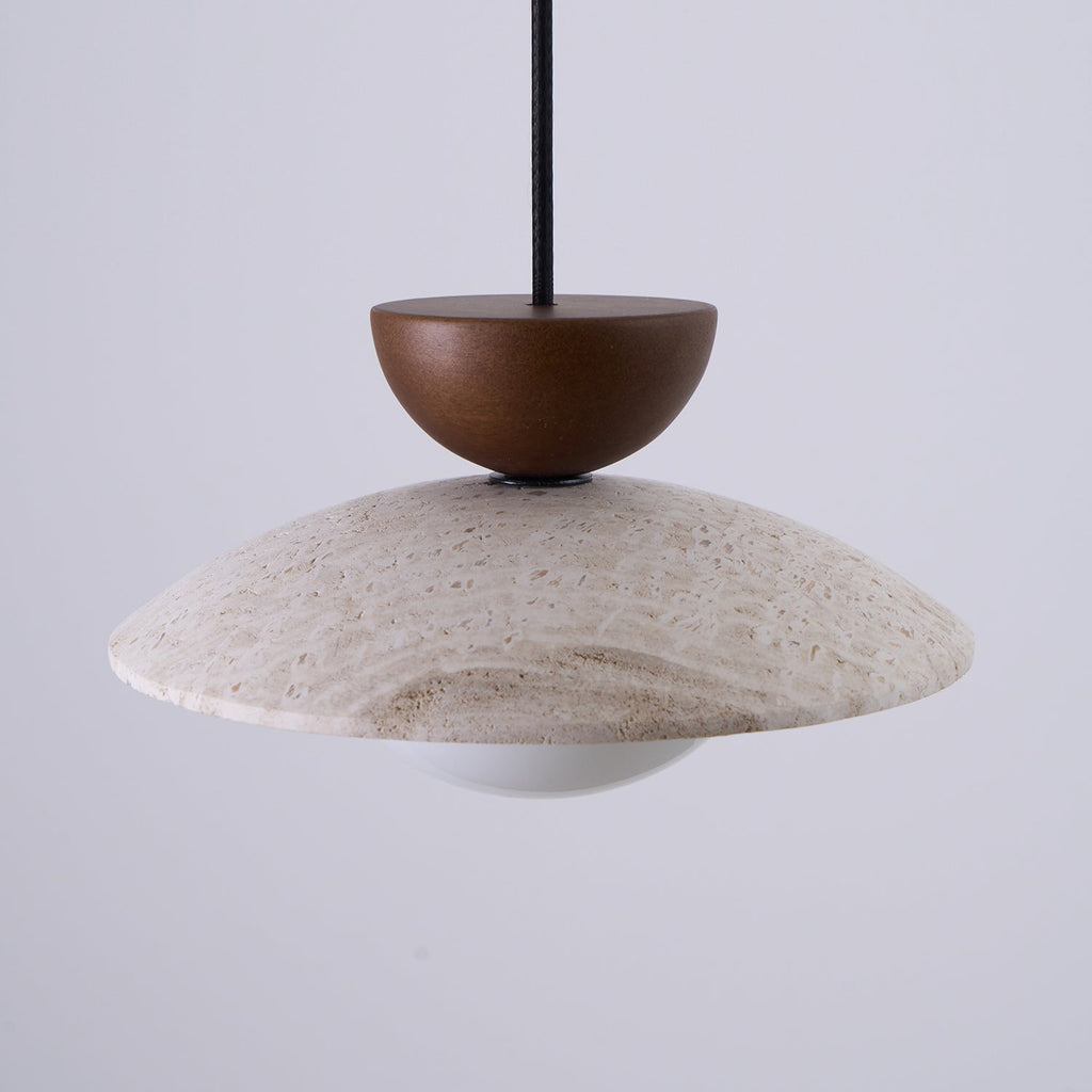 Travertine Dome Pendant Light with Wood Accent