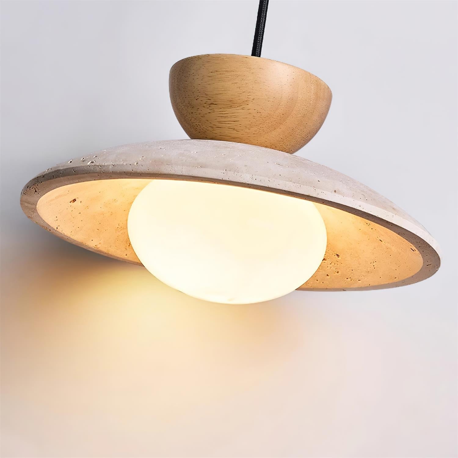 Travertine Dome Pendant Light with Wood Accent