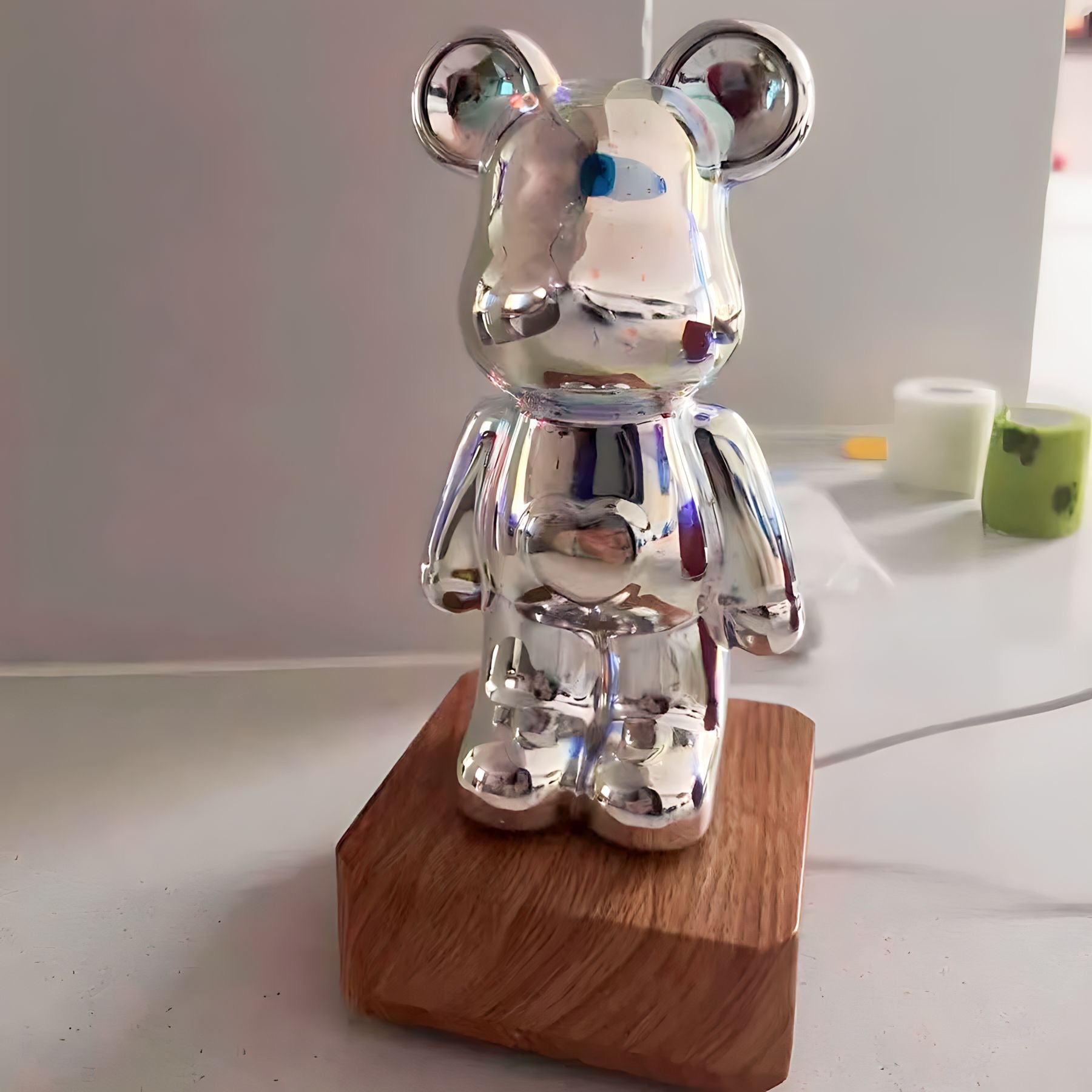 Bear Shaped Table Lamp with Wood Base LED Light