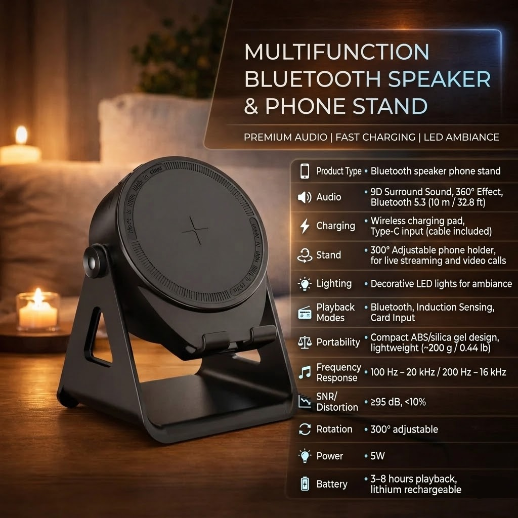 Bluetooth Speaker Phone Stand with Wireless Charging and LED Light