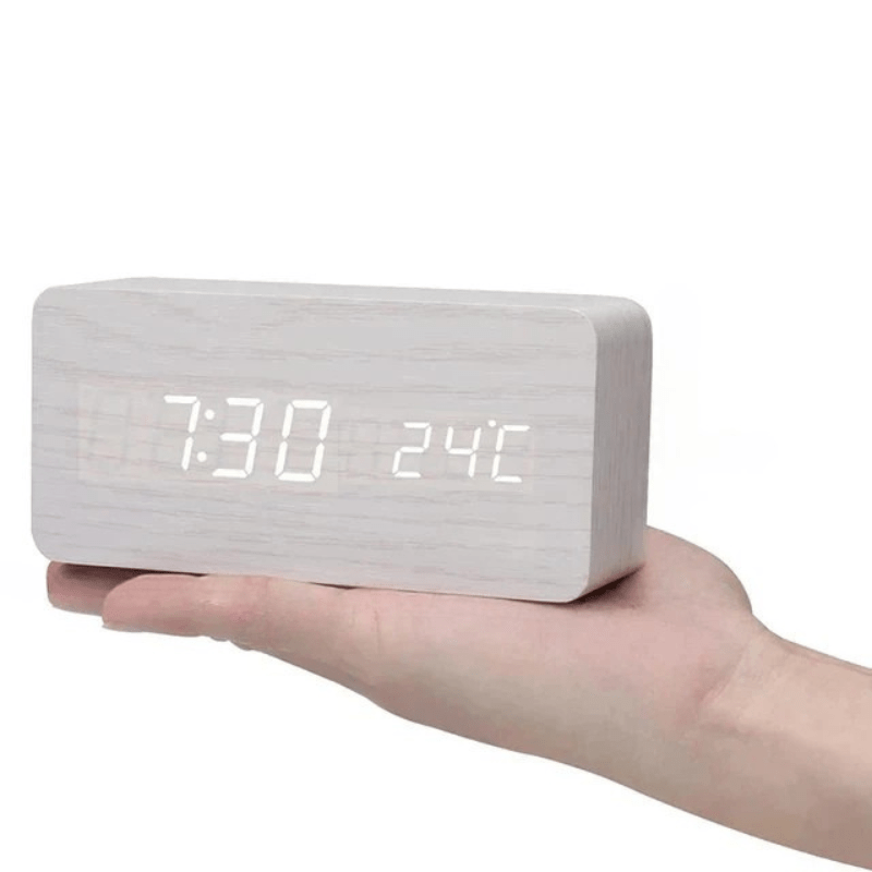 LED Wooden Alarm Clock with Voice Control Adjustable Brightness USB or Battery Powered