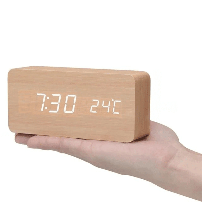 LED Wooden Alarm Clock with Voice Control Adjustable Brightness USB or Battery Powered