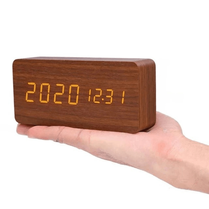 LED Wooden Alarm Clock with Voice Control Adjustable Brightness USB or Battery Powered
