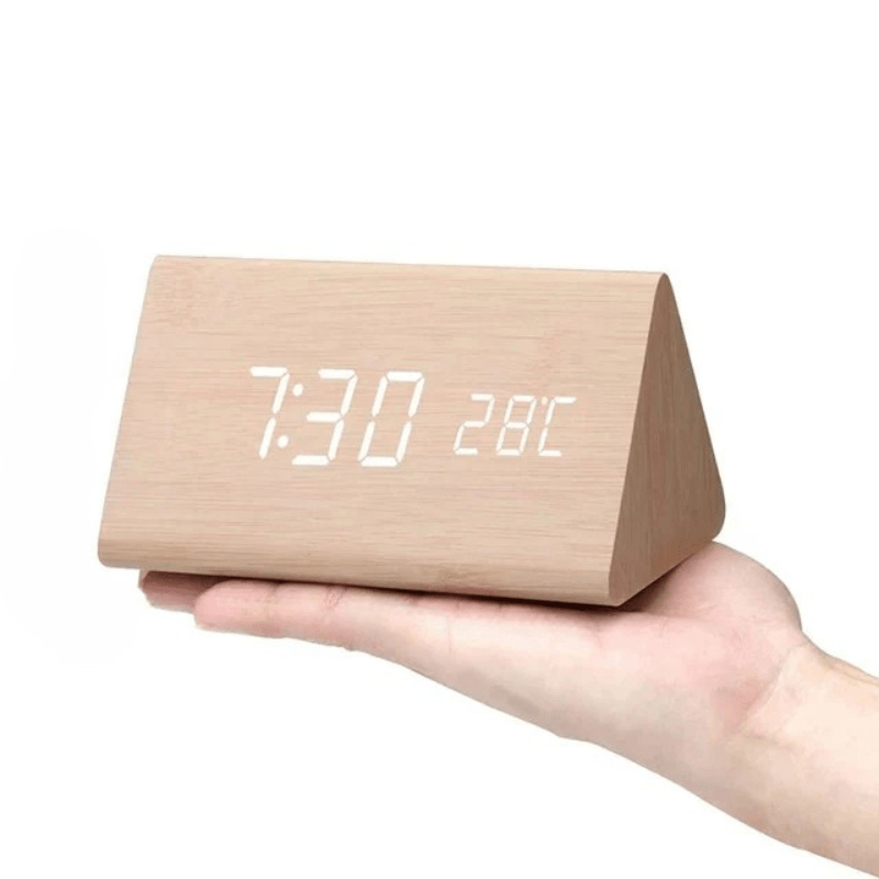 LED Wooden Alarm Clock with Voice Control Adjustable Brightness USB or Battery Powered