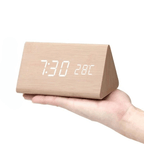 LED Wooden Alarm Clock with Voice Control Adjustable Brightness USB or Battery Powered