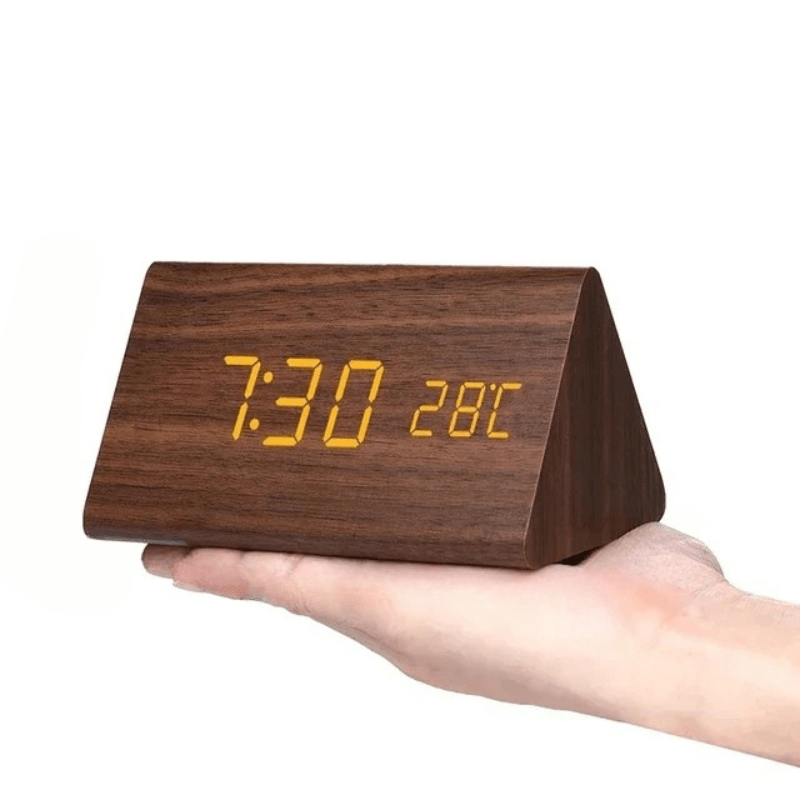 LED Wooden Alarm Clock with Voice Control Adjustable Brightness USB or Battery Powered