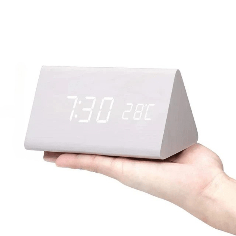 LED Wooden Alarm Clock with Voice Control Adjustable Brightness USB or Battery Powered