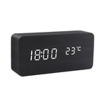 LED Wooden Alarm Clock with Voice Control Adjustable Brightness USB or Battery Powered