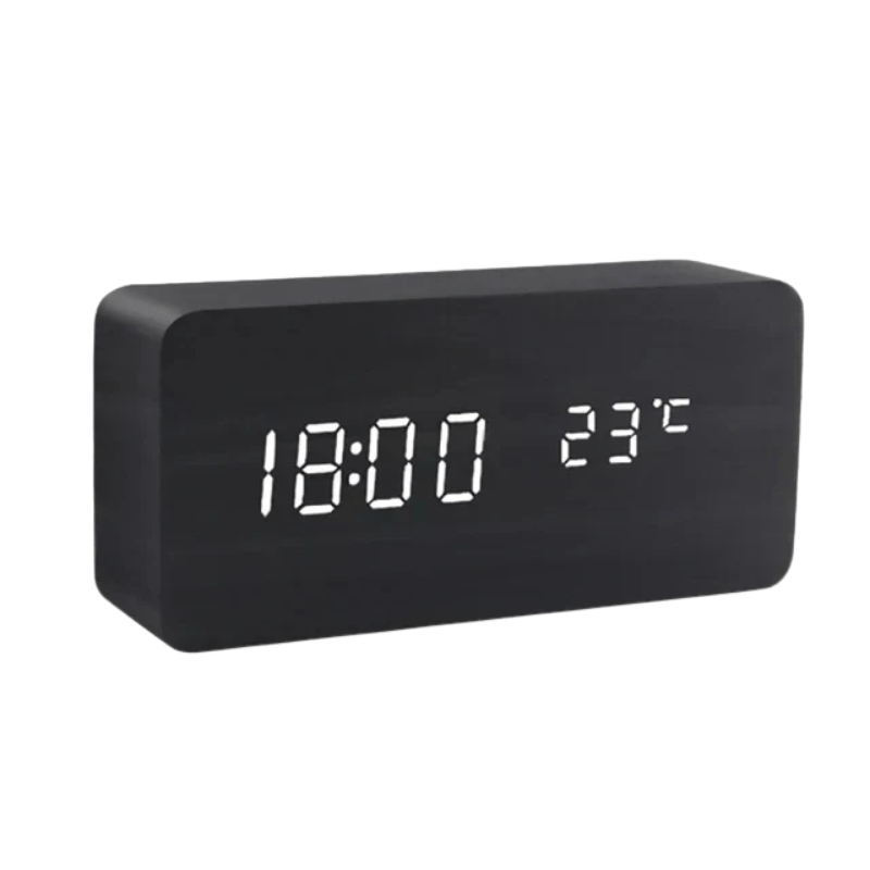 LED Wooden Alarm Clock with Voice Control Adjustable Brightness USB or Battery Powered