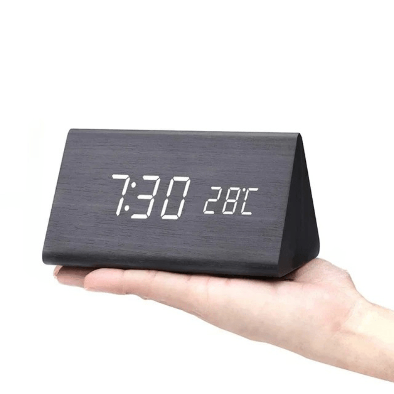 LED Wooden Alarm Clock with Voice Control Adjustable Brightness USB or Battery Powered
