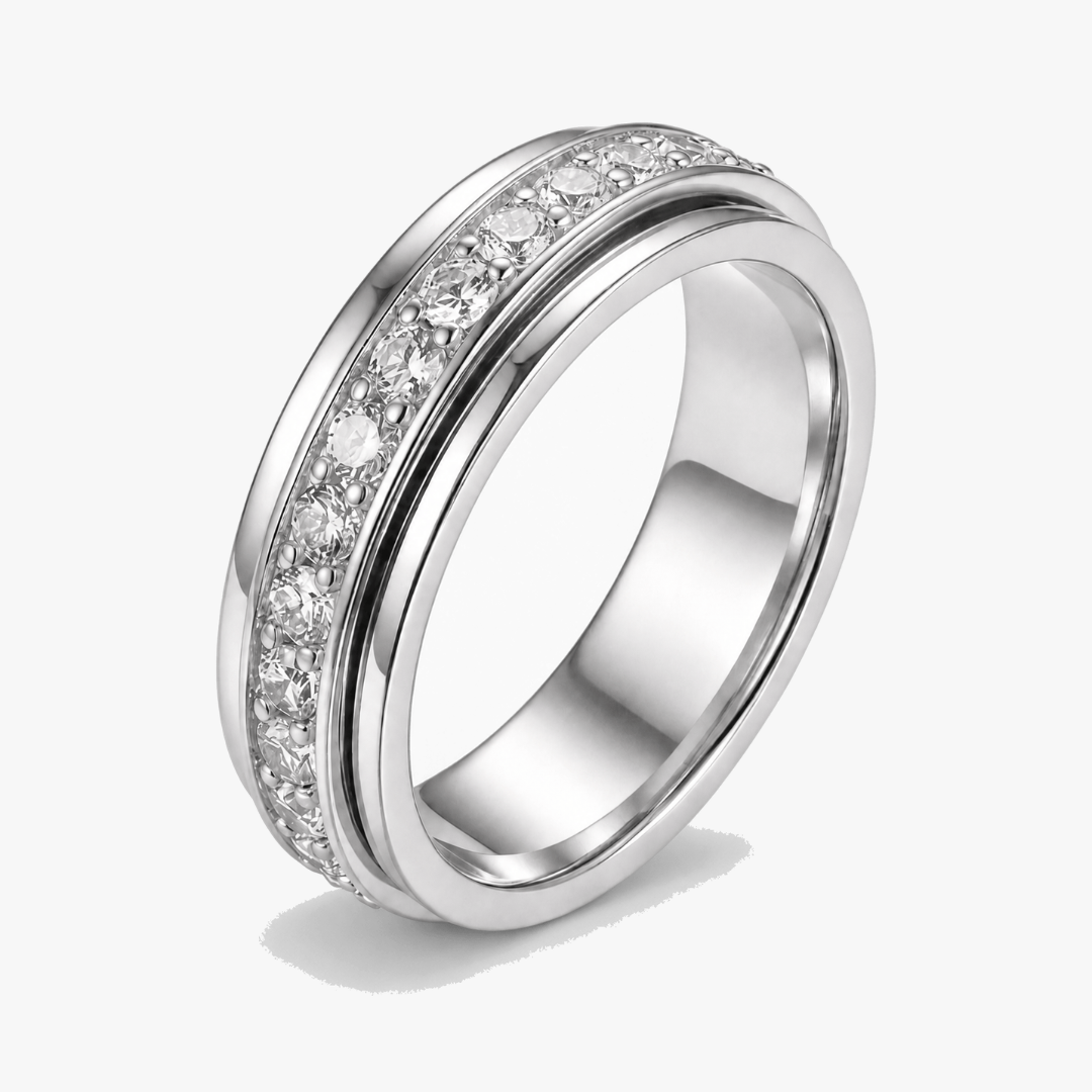 Zirconia Spinner Ring in Polished Titanium Steel with Rotating Band