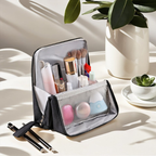 Structured Travel Makeup Bag Organizer with Brush Holder and Compartments