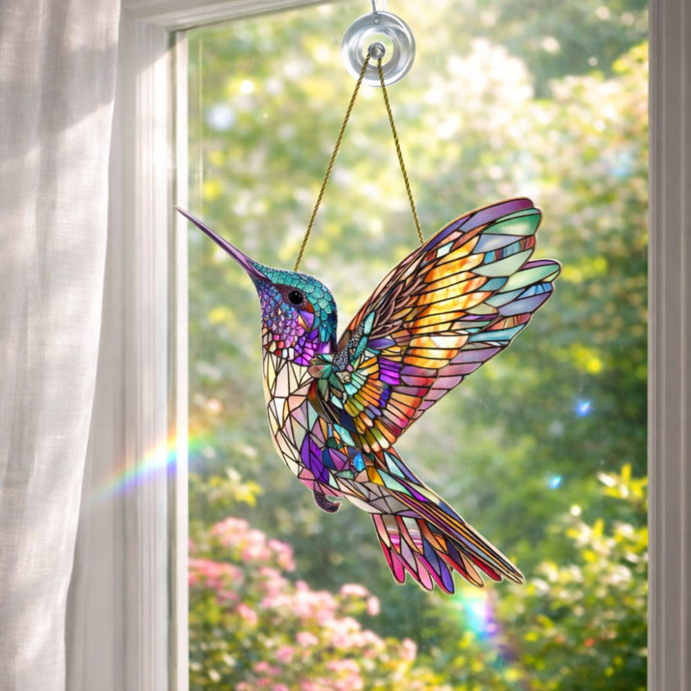 Stained Glass Style Acrylic Bird Window Suncatcher with Hanging Chain