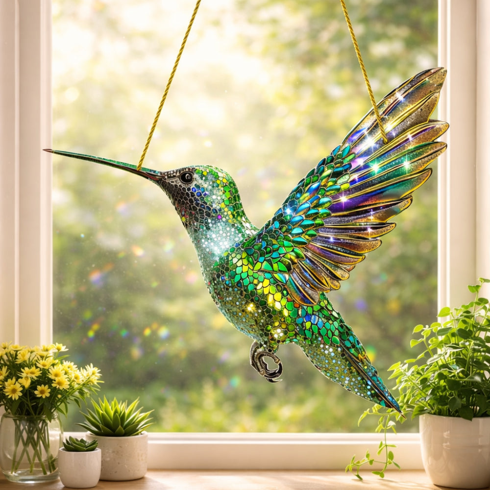 Stained Glass Style Acrylic Bird Window Suncatcher with Hanging Chain
