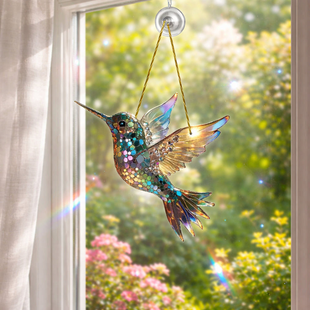 Stained Glass Style Acrylic Bird Window Suncatcher with Hanging Chain