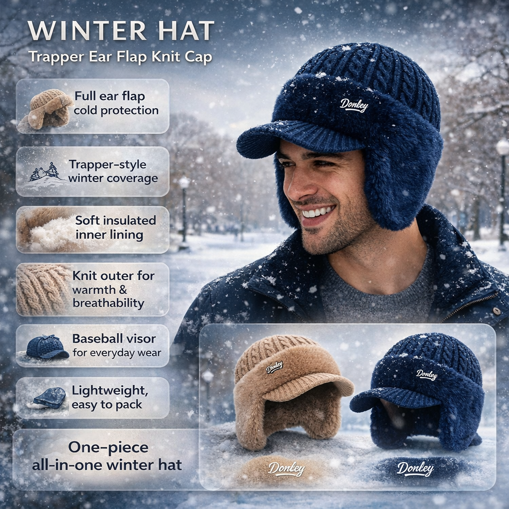 Winter Trapper Hat with Ear Flaps Knit Beanie Cap with Visor Fleece Lined Warm Cold Weather Hat for Men and Women