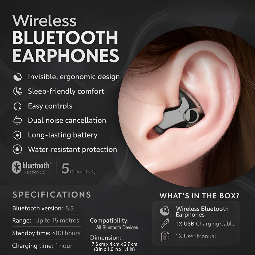 Wireless Bluetooth Earbuds Invisible In-Ear Noise Cancelling Sleep Earphones with Touch Control and Charging Case