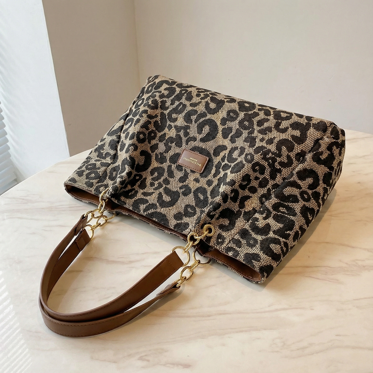 Leopard Print Woven Canvas Tote Bag with Chain Detail and Faux Leather Straps