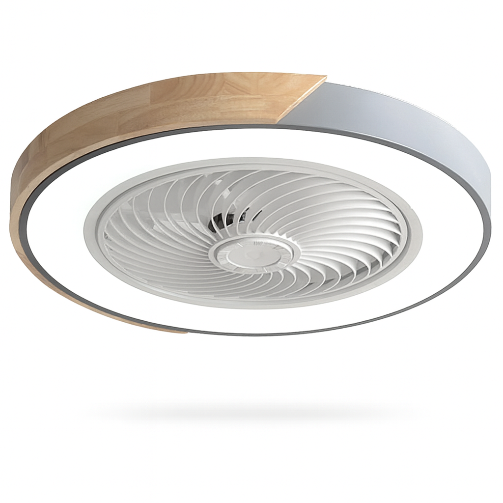 Modern Flush Mount Ceiling Fan Light with Wood Trim and Remote Control