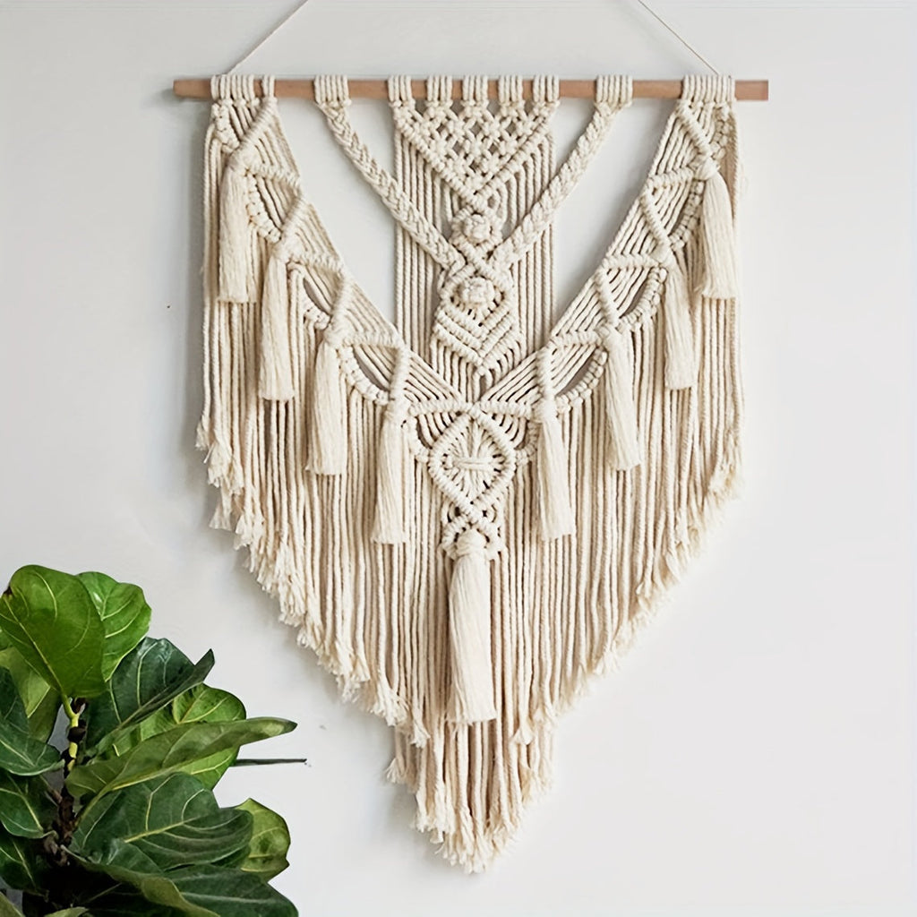 Boho Macrame Wall Hanging Handwoven Geometric Tapestry with Fringe and Tassels Wall Decor for Bedroom and Living Room