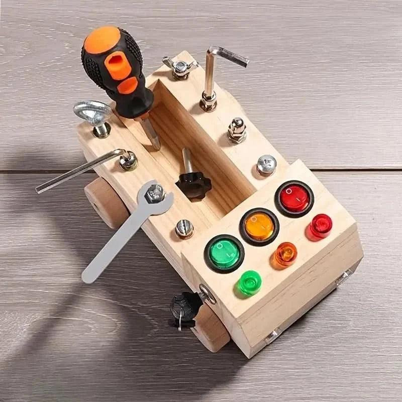 Montessori Busy Board Wooden Toy Car with Tools and LED Lights Fine Motor Skills Activity Toy for Toddlers and Kids