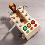 Montessori Busy Board Wooden Toy Car with Tools and LED Lights Fine Motor Skills Activity Toy for Toddlers and Kids