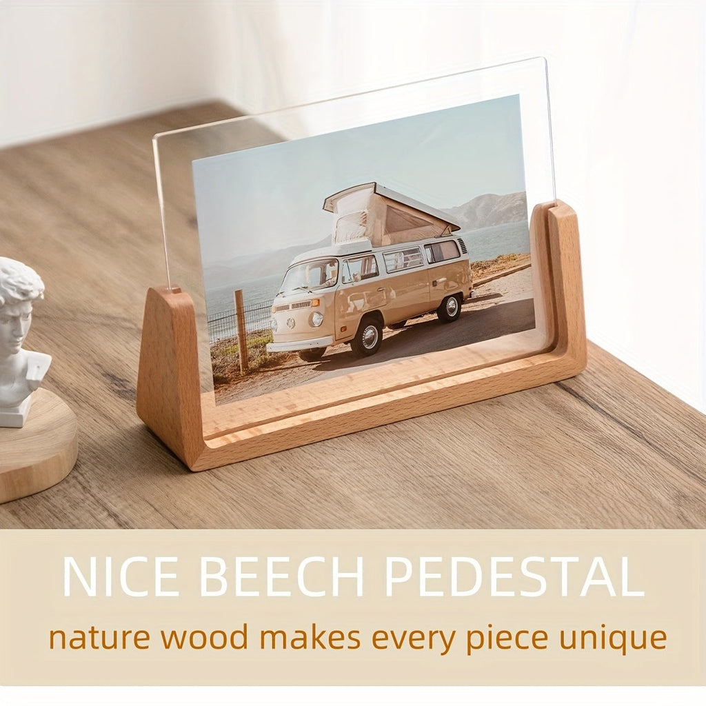 U Shaped Acrylic Photo Frame Solid Wood Base Clear Picture Frame Minimalist Tabletop Display Horizontal or Vertical for Desk Shelf and Bedside