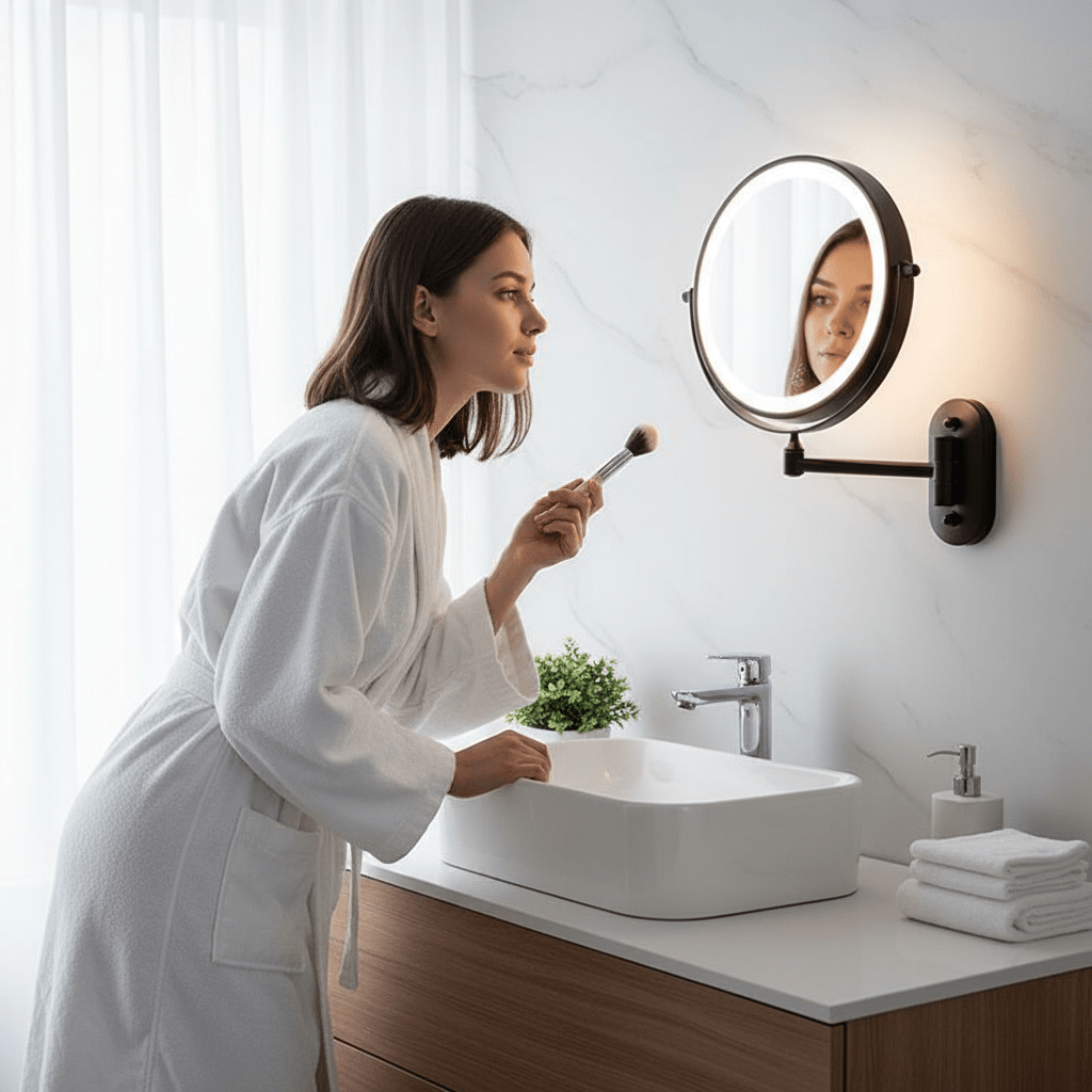 LED Magnifying Makeup Mirror Wall Mounted Rechargeable with Adjustable Brightness and Extendable Swivel Arm