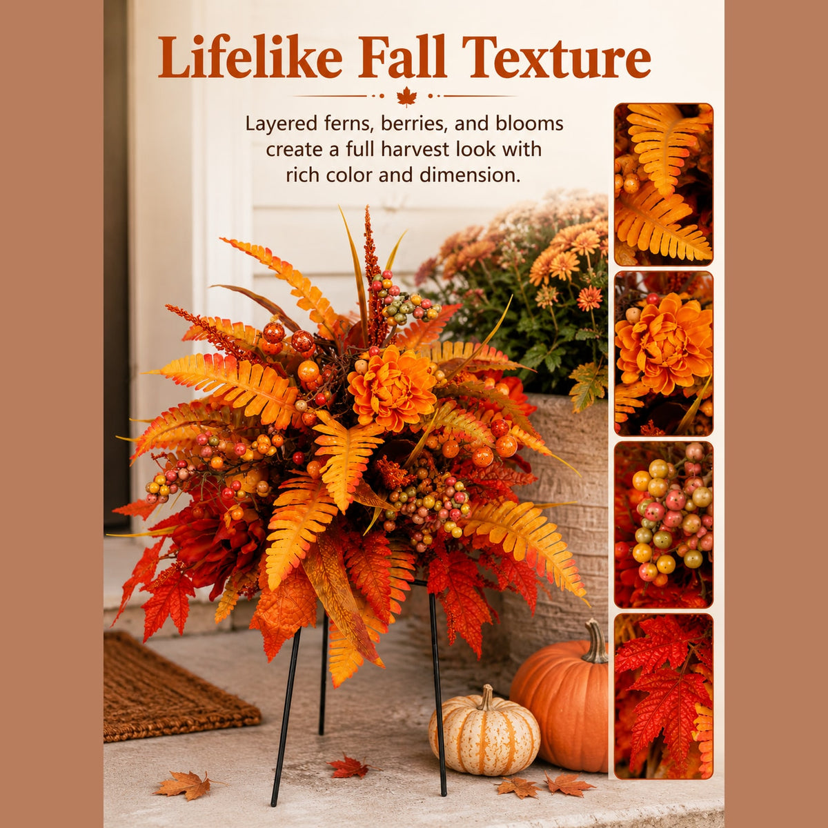 Artificial Fall Floral Garden Stake Arrangement with Metal Stand for Porch