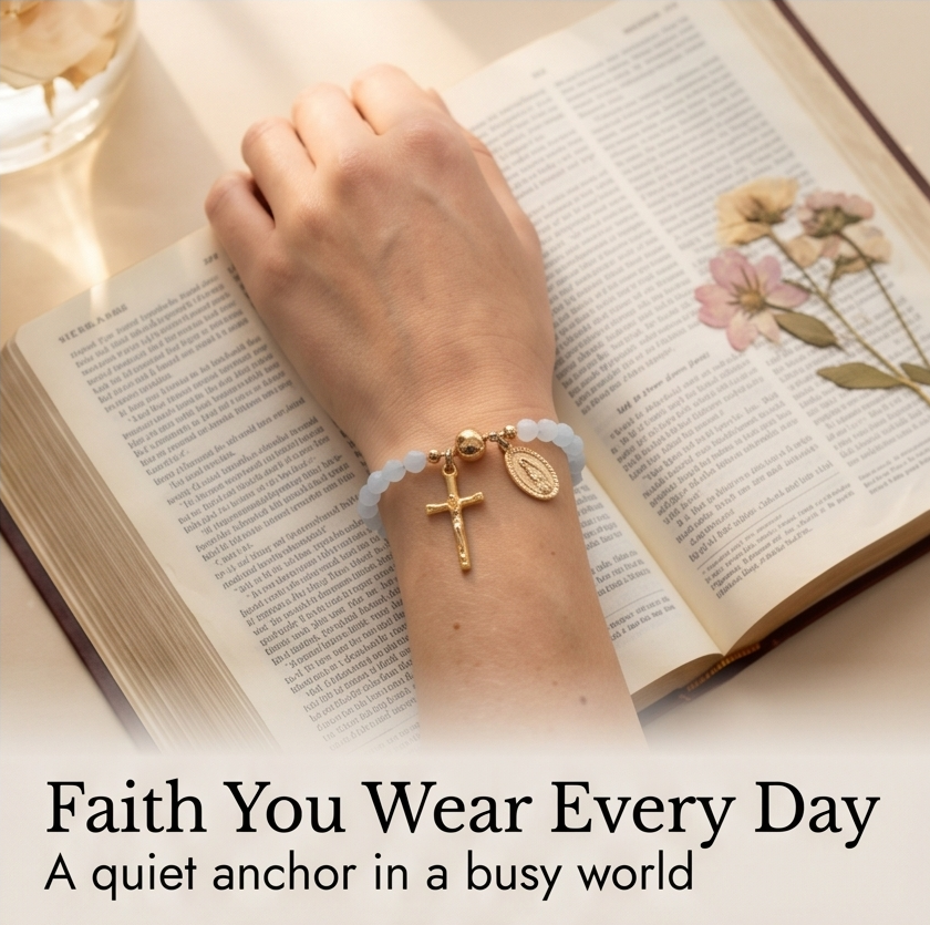 Handmade Beaded Rosary Bracelet with Cross Charm and Magnetic Clasp