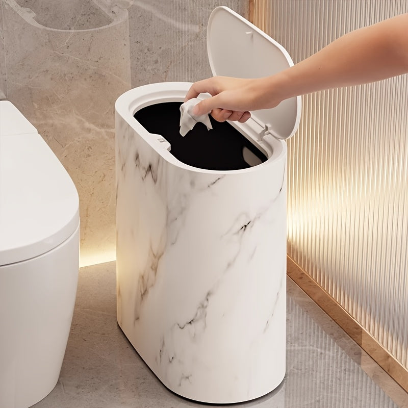 Marble Pattern Trash Can Slim Oval Bathroom Garbage Can with Lid Plastic Waste Bin for Kitchen Bedroom and Office Narrow Spaces