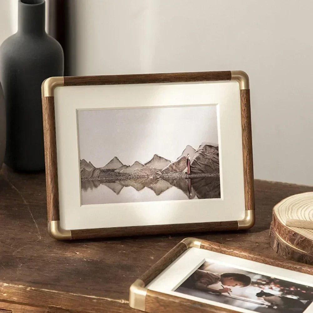 Tabletop Photo Frame Solid Wood Picture Frame with Brass Corners Freestanding Vintage Desk and Shelf Display Horizontal or Vertical