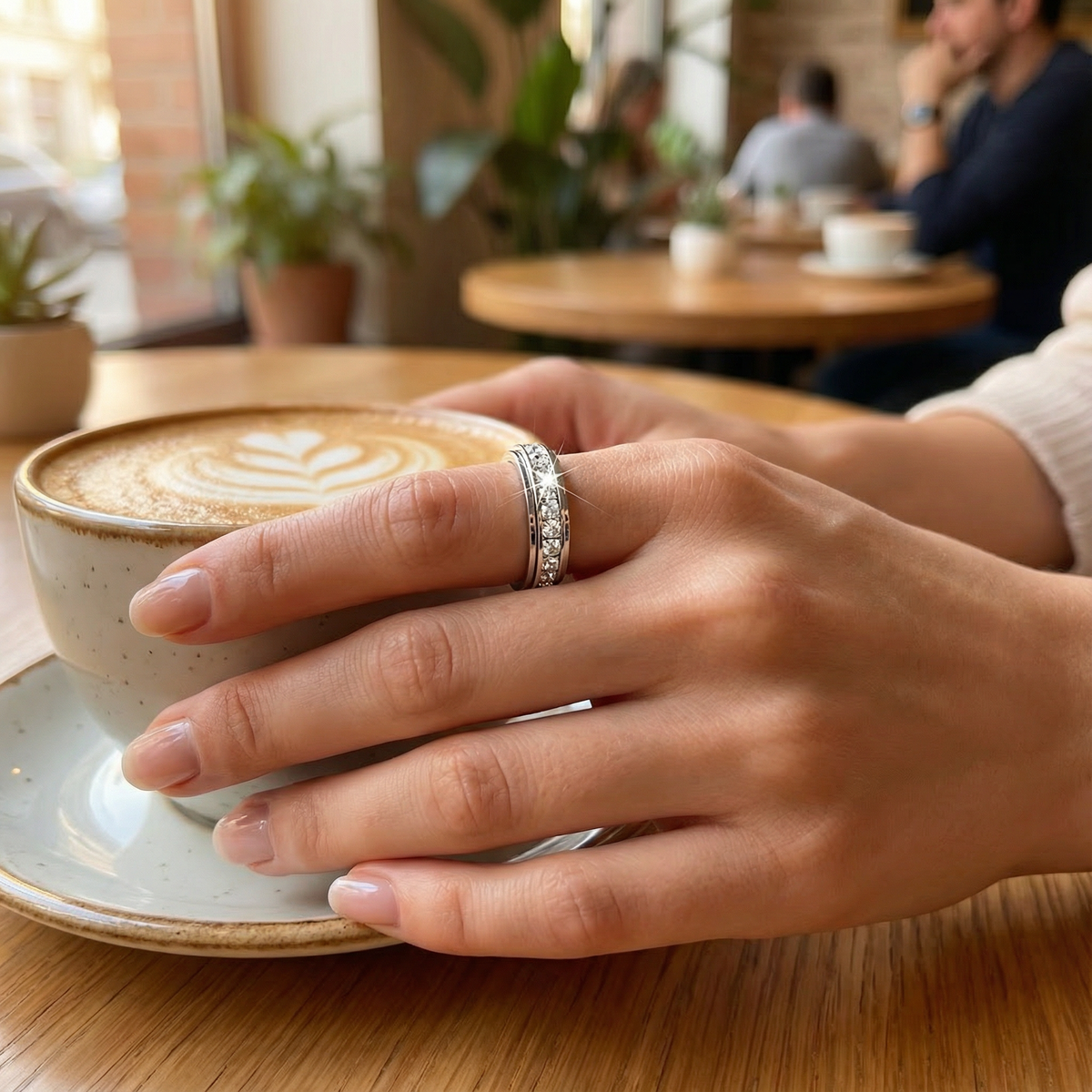 Zirconia Spinner Ring in Polished Titanium Steel with Rotating Band