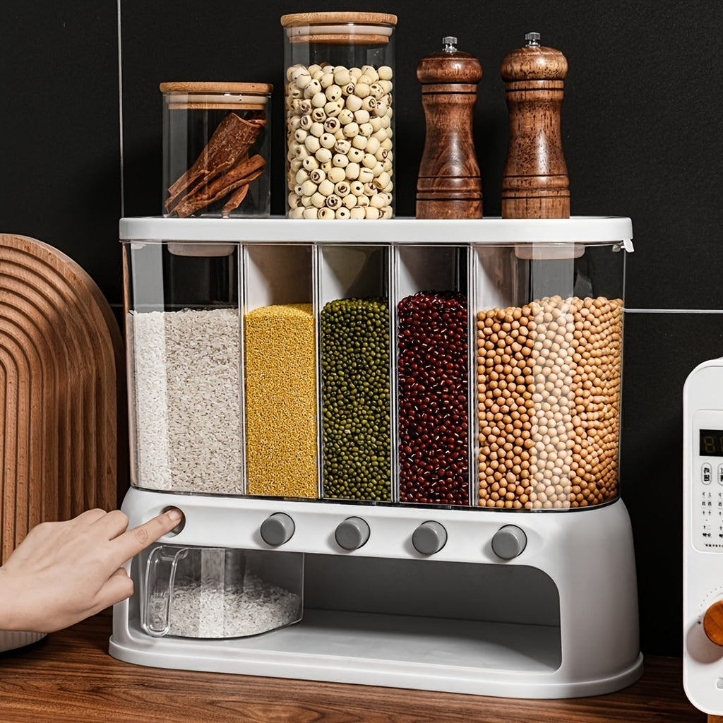 Grain Storage Container Multi Compartment Rice Dispenser Airtight Dry Food Storage with Flip Top Lid and Push Button Dispensing for Kitchen Pantry