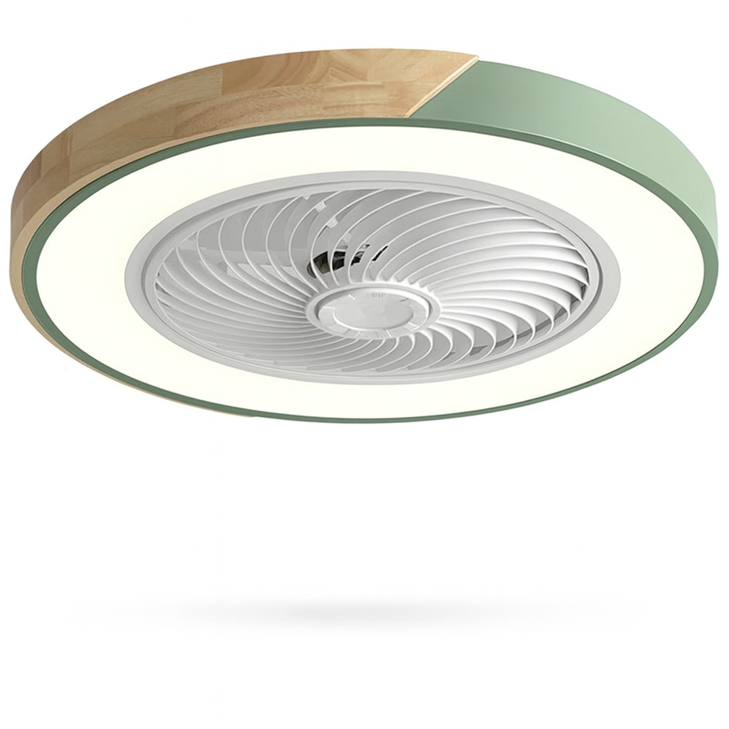 Modern Flush Mount Ceiling Fan Light with Wood Trim and Remote Control