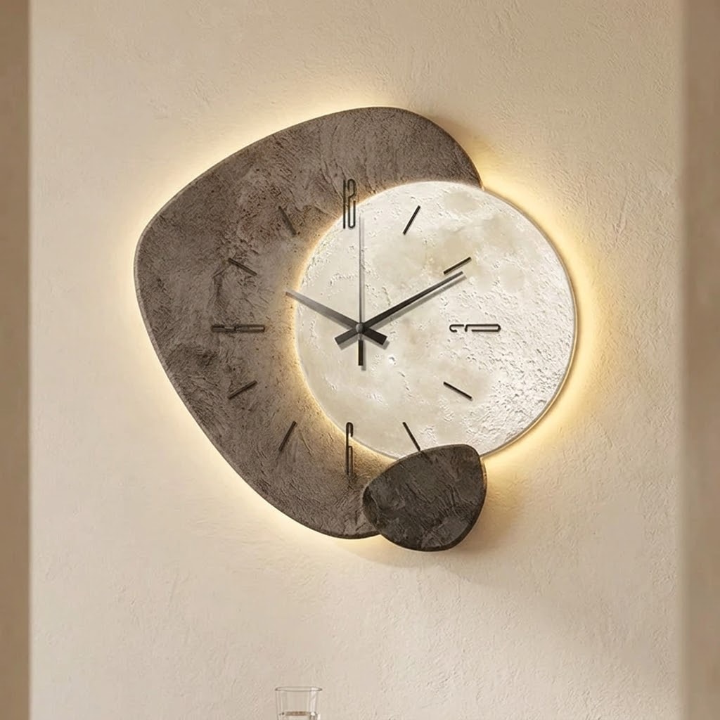 Backlit Moon Wall Clock with Stone Texture Frame and Silent Movement