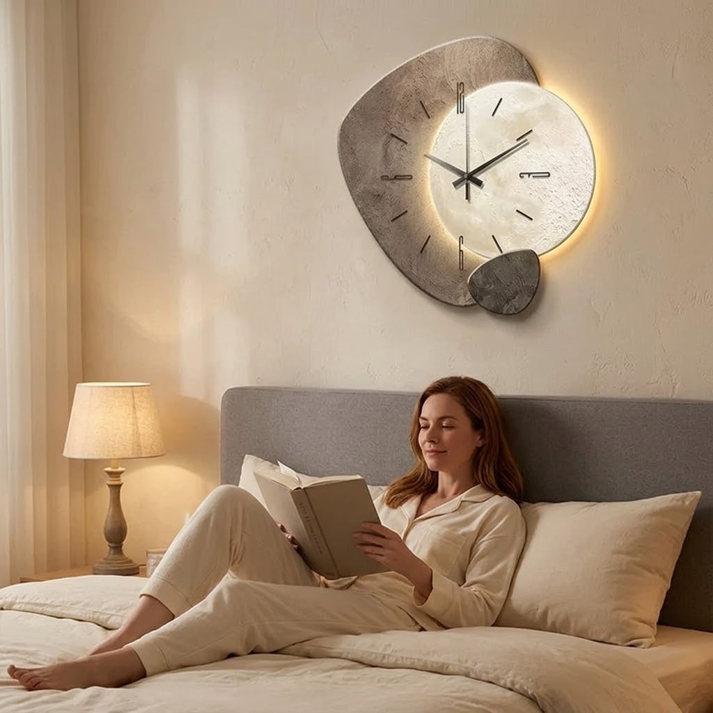 Backlit Moon Wall Clock with Stone Texture Frame and Silent Movement