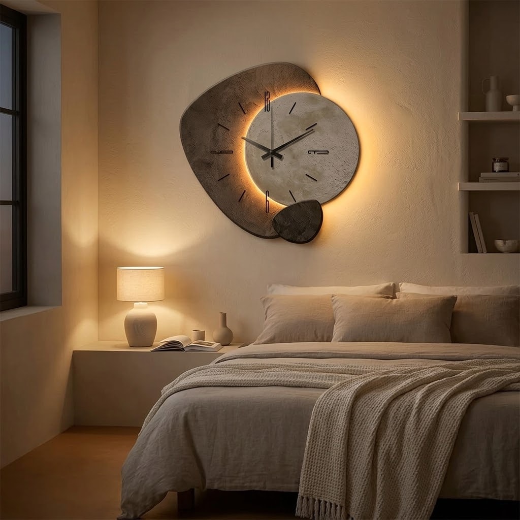 Backlit Moon Wall Clock with Stone Texture Frame and Silent Movement