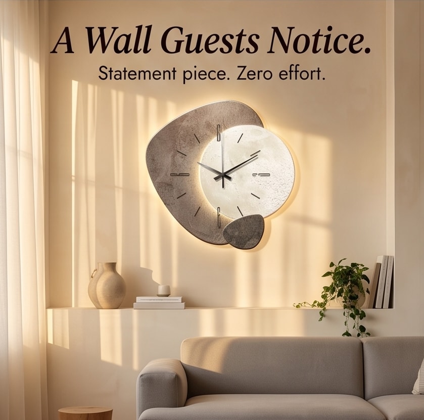 Backlit Moon Wall Clock with Stone Texture Frame and Silent Movement