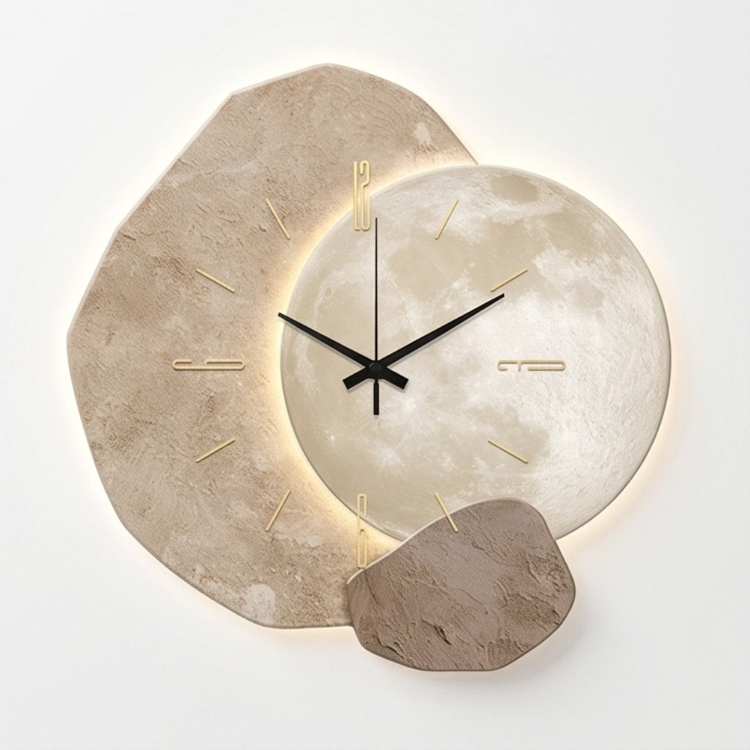 Backlit Moon Wall Clock with Stone Texture Frame and Silent Movement