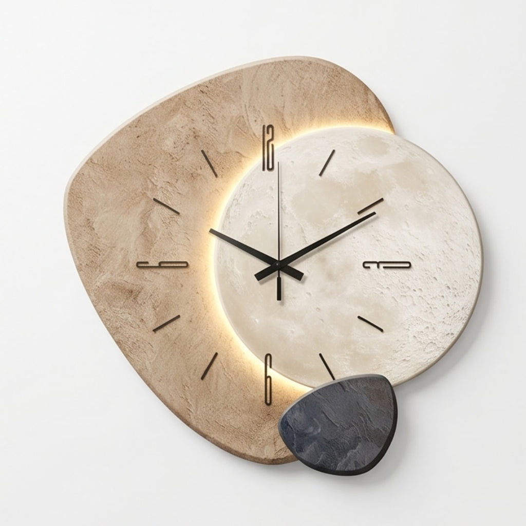 Backlit Moon Wall Clock with Stone Texture Frame and Silent Movement