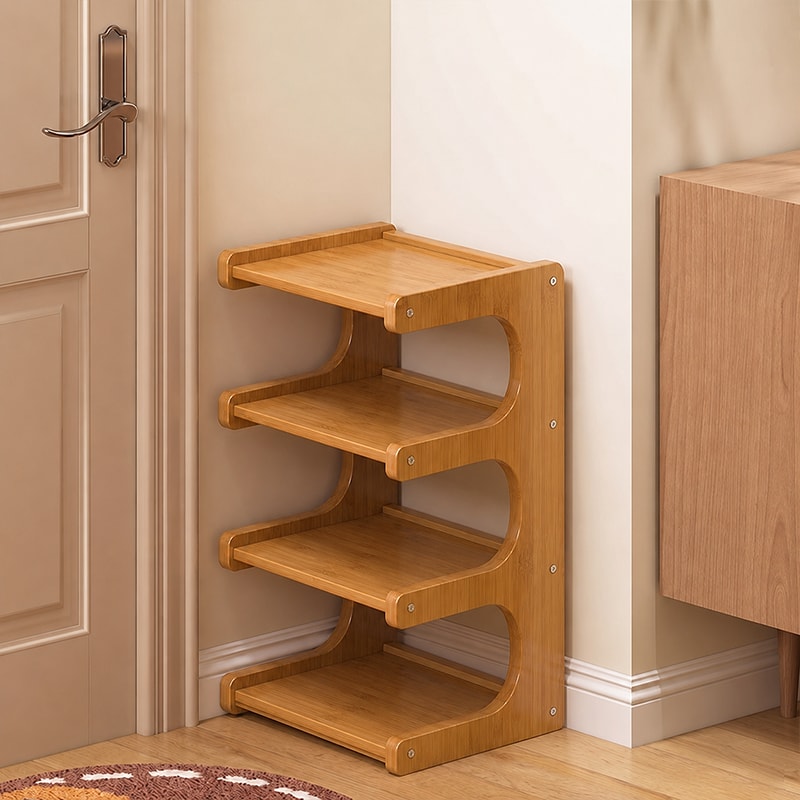 Bamboo Shoe Rack with Curved Side Panels and Open Tiered Shelves for Entryway