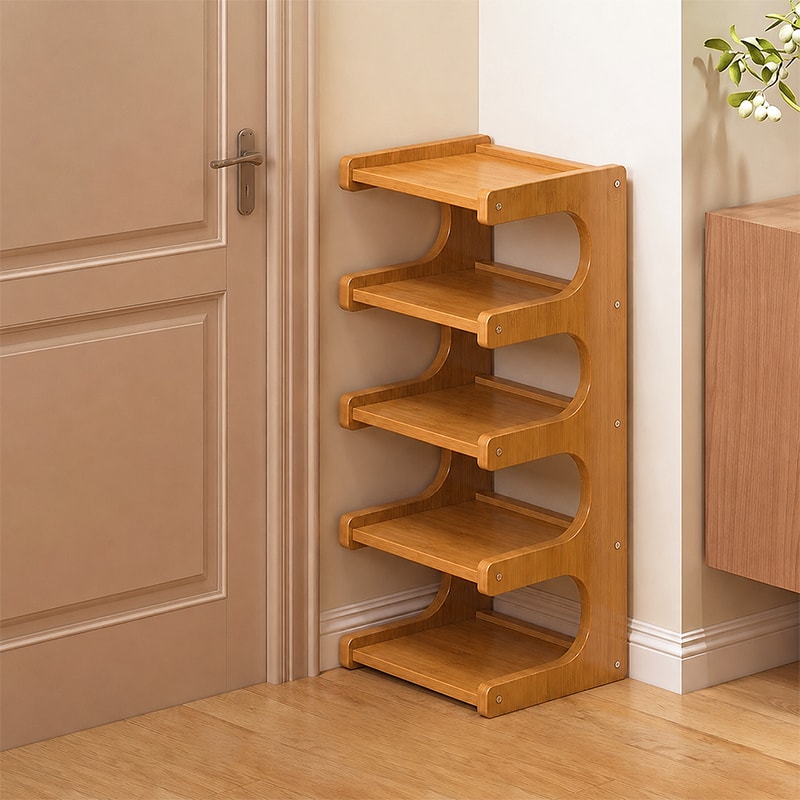 Bamboo Shoe Rack with Curved Side Panels and Open Tiered Shelves for Entryway