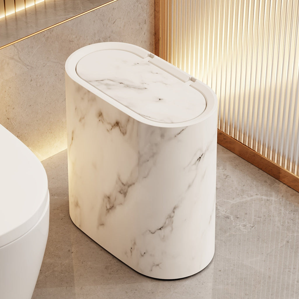 Marble Pattern Trash Can Slim Oval Bathroom Garbage Can with Lid Plastic Waste Bin for Kitchen Bedroom and Office Narrow Spaces
