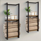 Wall Mounted Towel Rack Two Tier Stainless Steel and Wood Towel Shelf Space Saving Bathroom Storage Organizer