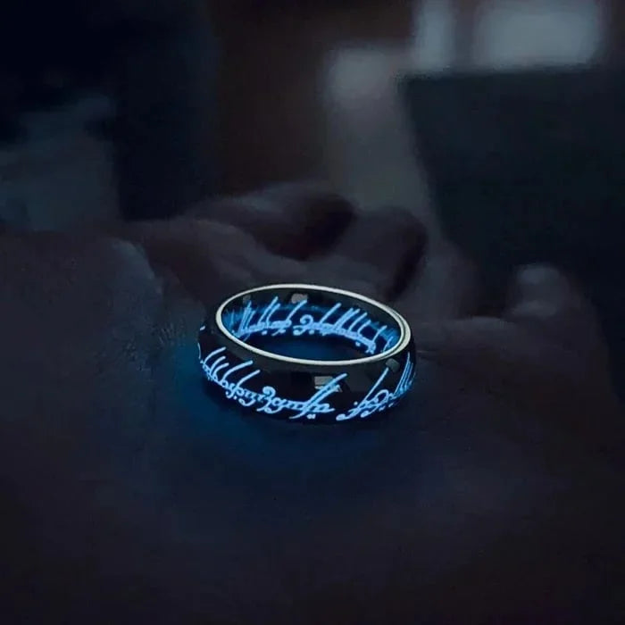 Glow in the Dark Ring with Engraved Fantasy Rune Script Nickel-Free Hypoallergenic Light Absorbing Fashion Ring Band