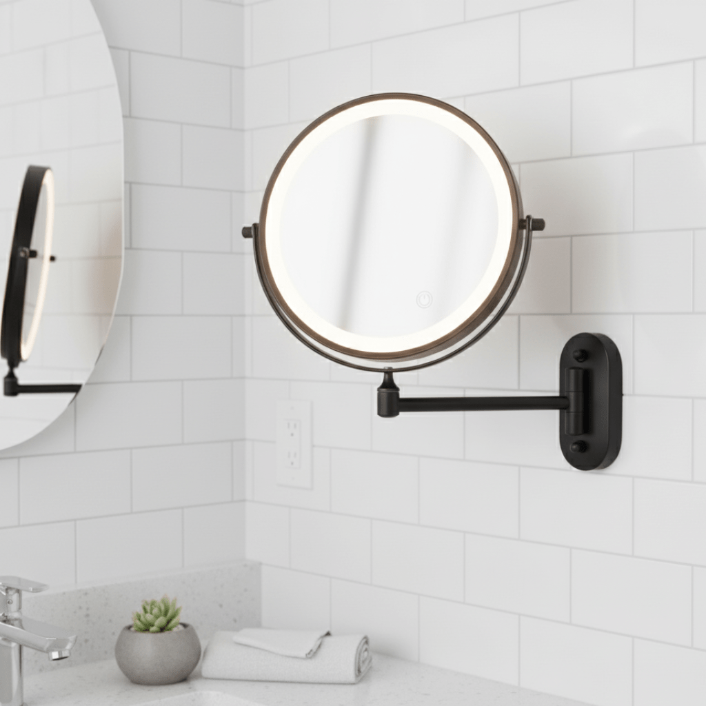 LED Magnifying Makeup Mirror Wall Mounted Rechargeable with Adjustable Brightness and Extendable Swivel Arm
