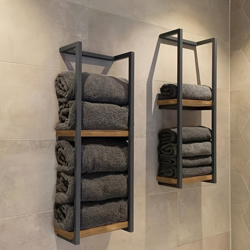 Wall Mounted Towel Rack Two Tier Stainless Steel and Wood Towel Shelf Space Saving Bathroom Storage Organizer